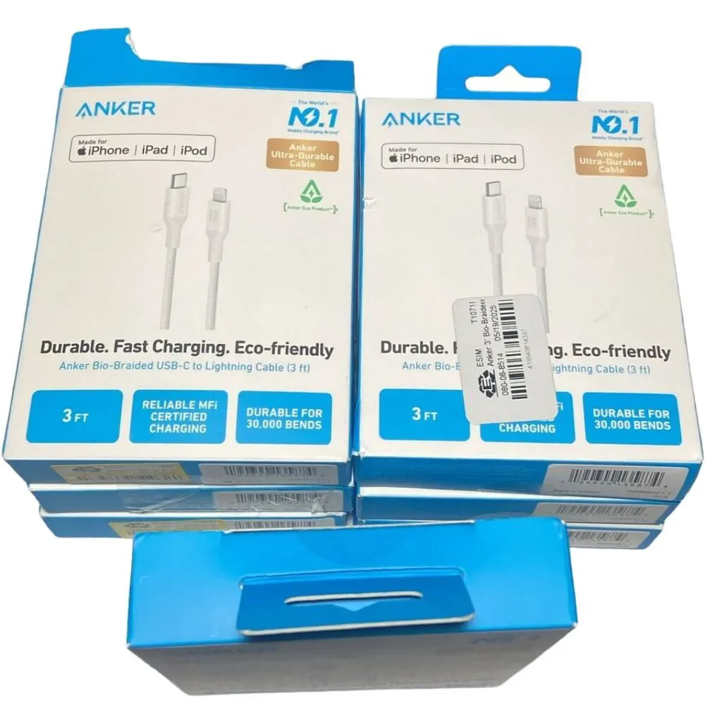 Anker Bio‑Braided 3ft Lightning to USB‑C Cable White MFi Certified Fast Lot of 7
